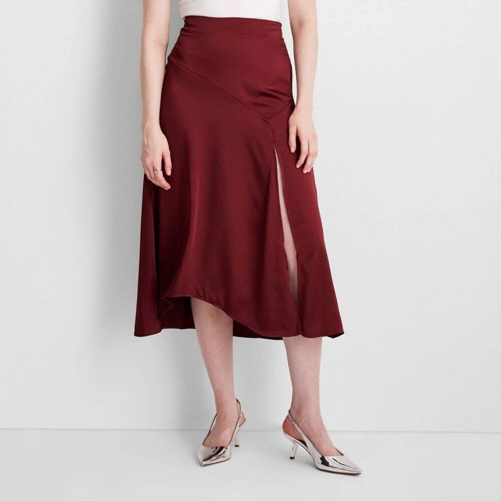 Women's Holiday Flowy Satin MIDI Skirt - Future Collective Burgundy XL NWT